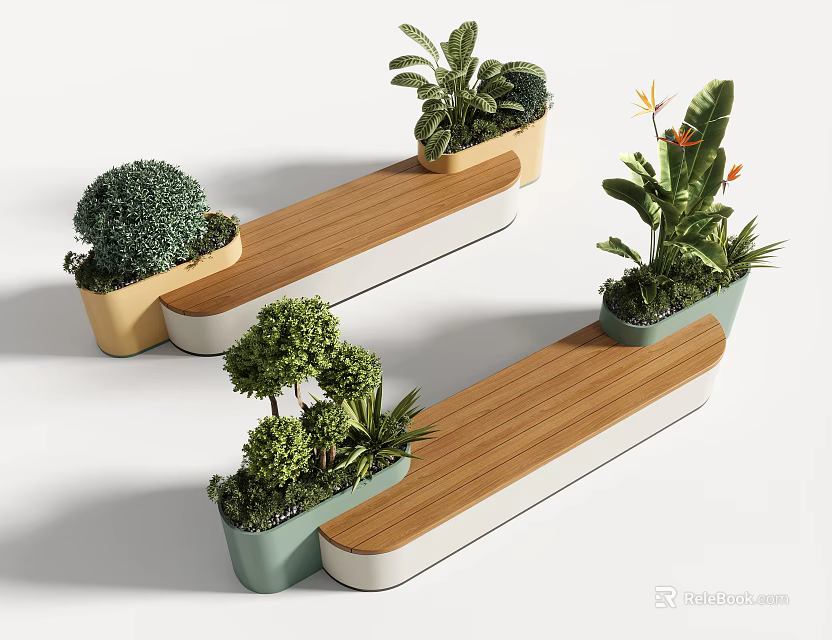 Outdoor Wooden Chair Design With Green Plants In Colorful Planters And Natural Frame 3d model 