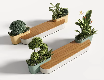 Outdoor Wooden Chair Design With Green Plants In Colorful Planters And Natural Frame 3d model