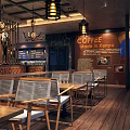 Rustic Cafe Interior With Wooden Ceiling Hanging Chandeliers And Geometric Floor