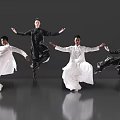 Men in Traditional Robes Performing Dynamic Dance Moves on Reflective Floor with Gray Background