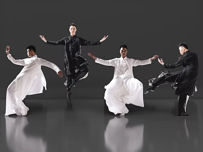 Men in Traditional Robes Performing Dynamic Dance Moves on Reflective Floor with Gray Background 3d model