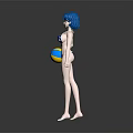 Anime Style Game Character With Blue Hair In Polka Dot Bikini Holding Colorful Beach Ball