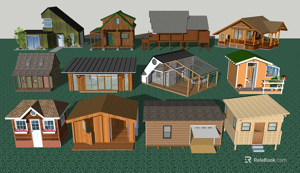 Various Style Boutique Guesthouse Buildings With Diverse Roof Designs And Wooden Structures 3d model 
