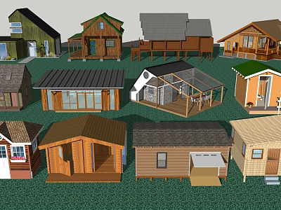 Various Style Boutique Guesthouse Buildings With Diverse Roof Designs And Wooden Structures 3d model