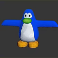 Blue Penguin Toy With Yellow Beak Feet White Belly And Outstretched Arms On Gray Background