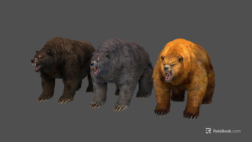 Three Fierce Standing Bears With Different Colored Fur And Roaring Expressions 3d model 