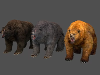 Three Fierce Standing Bears With Different Colored Fur And Roaring Expressions 3d model