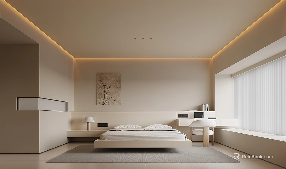 Modern Minimalist Bedroom Interior With Bed Area Rug Wall Art And Recessed Lighting 3d model 