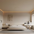 Modern Minimalist Bedroom Interior With Bed Area Rug Wall Art And Recessed Lighting