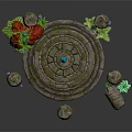 Ancient Stone Scene Components With Circular Platform Pillars Red Flowers Blue Gem And Green Plants
