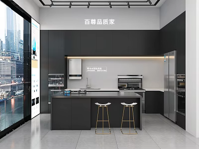 Modern Kitchen Interior With Black Cabinets Island Counter Stainless Steel Appliances And City View 3d model