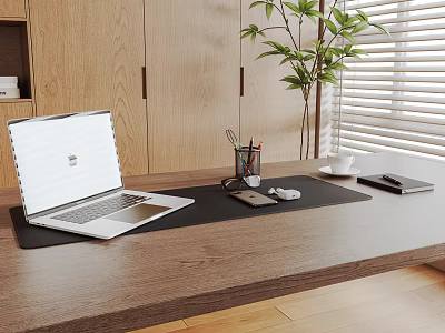 Laptop Setup On Wooden Desk With Pen Holder Smartphone Mouse Notebook Cup Plant And Blinds 3d model
