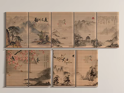 Elegant Traditional Chinese Blinds with Mountain Landscape and Plum Blossom Designs for Interior Decor 3d model