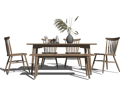 Simple Modern Wooden Dining Table Set With Chairs Bench Vase And Green Plants 3d model