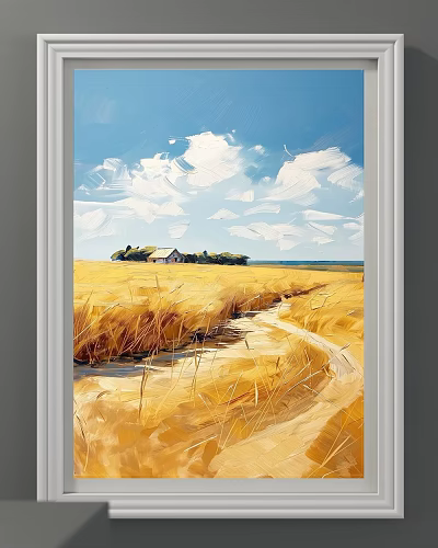 Landscape Painting of Golden Wheat Field With Winding Path Distant House and Blue Sky 3d model