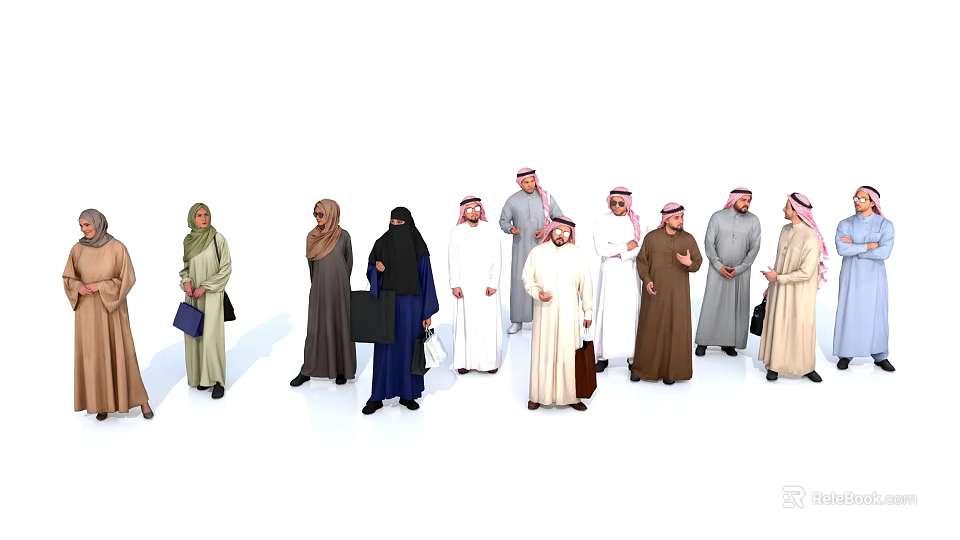 Group of People in Traditional Middle Eastern Robes and Headscarves Standing Together Holding Bags 3d model 