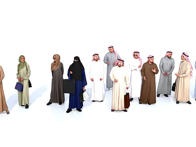 Group of People in Traditional Middle Eastern Robes and Headscarves Standing Together Holding Bags 3d model