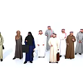 Group of People in Traditional Middle Eastern Robes and Headscarves Standing Together Holding Bags