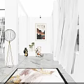 Modern Elevator Hallway with White Curtains Sunlight Floor Lamp Wall Artwork and Area Rug