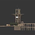 Modern Military Watchtower Structure With Wooden Platform And Green Vehicle Design