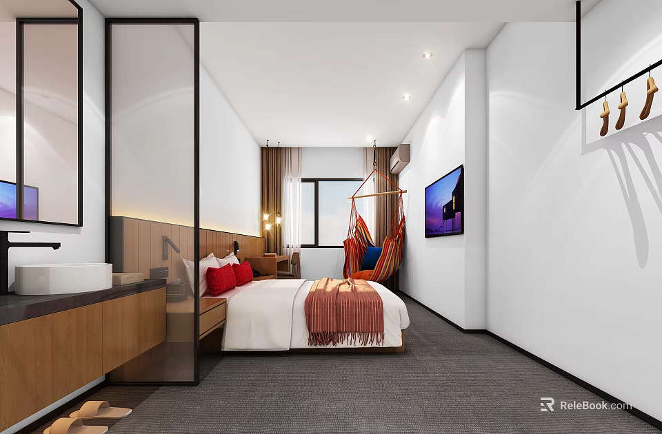 Modern Hotel Room Interior With Bed Hammock Chair TV And Wooden Washbasin 3d model 