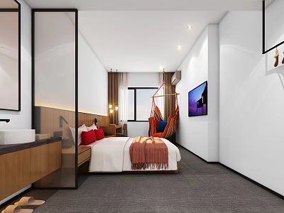 Modern Hotel Room Interior With Bed Hammock Chair TV And Wooden Washbasin 3d model
