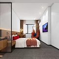 Modern Hotel Room Interior With Bed Hammock Chair TV And Wooden Washbasin