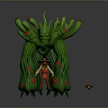 Adventurous Hat Wearing Character Standing Before Giant Green Cactus Creature With Red Flowers
