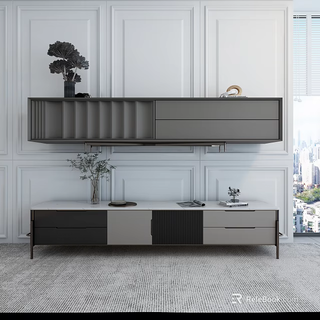 Modern TV Stand With Wall Mounted Cabinet Decorative Ornaments In White Paneled Room City View 3d model 