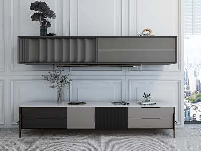 Modern TV Stand With Wall Mounted Cabinet Decorative Ornaments In White Paneled Room City View 3d model