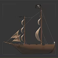 Wooden Pirate Ship Model With White Sails And Black Flag On Dark Background