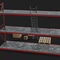 Industrial Storage Shelves With Red Frame Metal Tiers Ladder Cardboard Boxes And Wooden Pallet