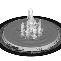 Modern Circular Fountain With Blue Water Jets And Metal Base Grill Detail