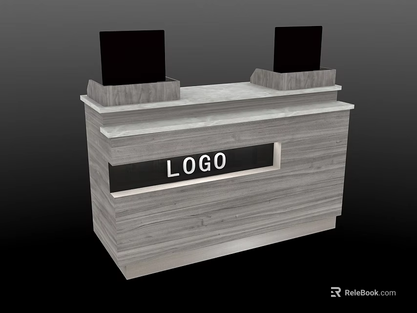 Modern Wooden Cashier Counter With Two Black Monitors And LOGO Area 3d model 