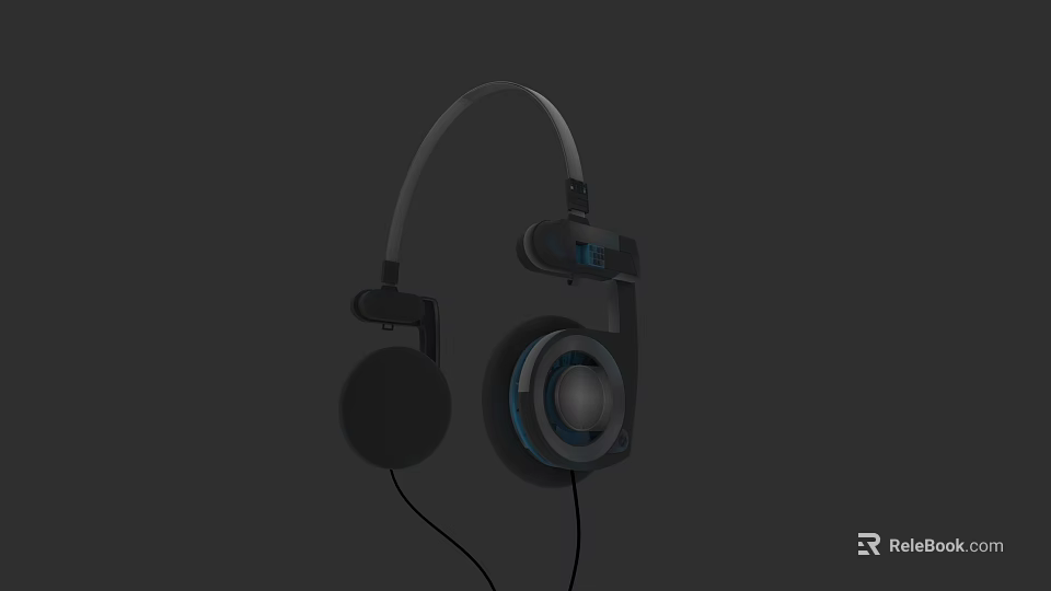 Wired Headphones On Gray Background With Black And Gray Design Blue Ring Ear Cups 3d model 