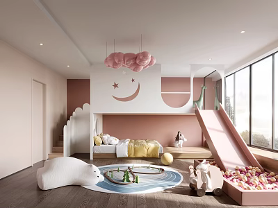 Pastel Pink Kids Room With Bunk Bed Slide And Ball Pit 3d model