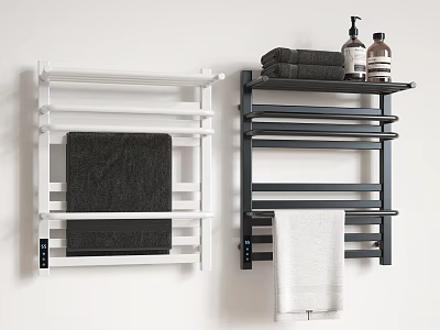 Black and White Towels Hanging on Wall Mounted Towel Racks with Bath Products 3d model