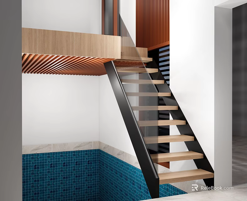 Modern Staircase With Wooden Steps Black Metal Railing And Glass Panels On Blue Tiled Floor 3d model 
