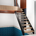 Modern Staircase With Wooden Steps Black Metal Railing And Glass Panels On Blue Tiled Floor