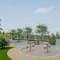 School Campus Outdoor Green Space With Trees Circular Structures Blue Installation And Seating Areas 3d model