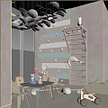 Playroom Interior With Climbing Ladder Plush Toys Patterned Wall And City View