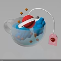 Colorful Teacup With Blue Liquid Red Ball Orange Pieces And Lips Teabag Tag
