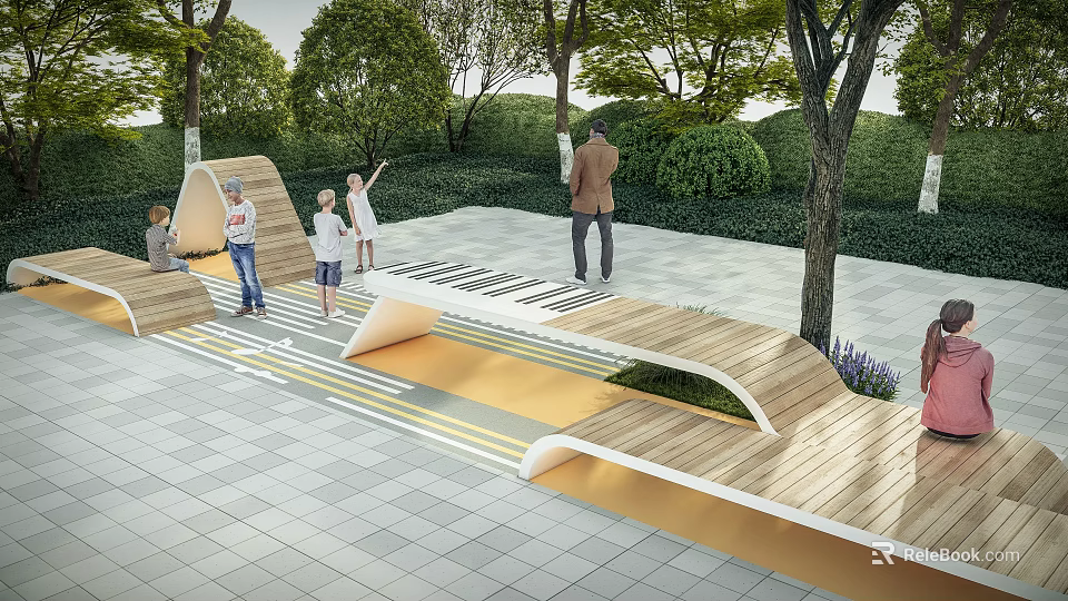 Curved Wooden Outdoor Chairs In Park With Trees And Pathways For Relaxation 3d model 