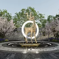 Golden Deer Sculpture With Circular White Background And Cherry Blossom Trees Around Fountain Base