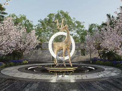 Golden Deer Sculpture With Circular White Background And Cherry Blossom Trees Around Fountain Base 3d model