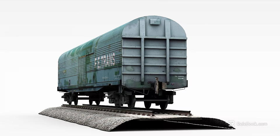 Green Vintage Train Car Standing on Railway Tracks With Rusty Metal Exterior 3d model 