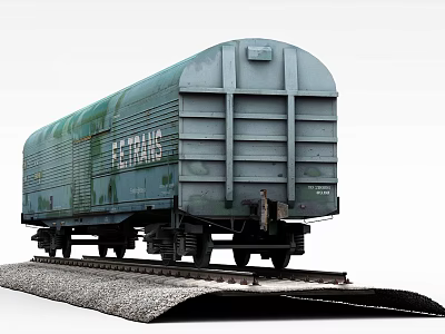 Green Vintage Train Car Standing on Railway Tracks With Rusty Metal Exterior 3d model