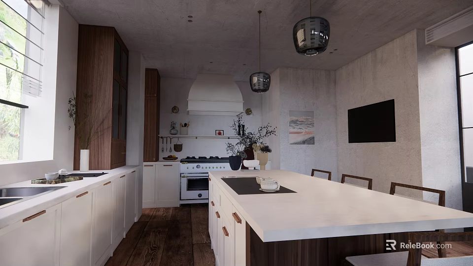 Modern Kitchen Interior With White Cabinets Wooden Island Pendant Lights TV And Decorative Painting 3d model 
