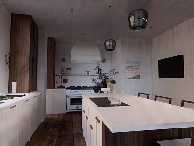 Modern Kitchen Interior With White Cabinets Wooden Island Pendant Lights TV And Decorative Painting 3d model