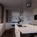 Modern Kitchen Interior With White Cabinets Wooden Island Pendant Lights TV And Decorative Painting